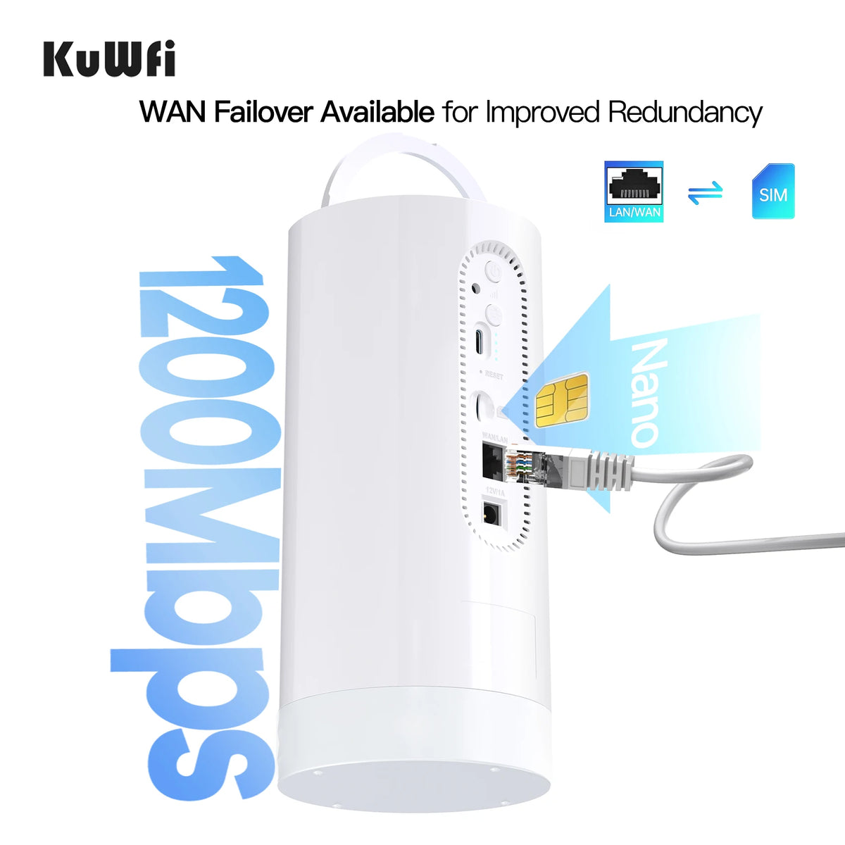 USA Stock KuWFi 10000mAh Battery 4G IMEI Lte Router Cat6 1200Mbps LED Light Solar Camping 4g Lte Wifi Router with Sim Card Slot