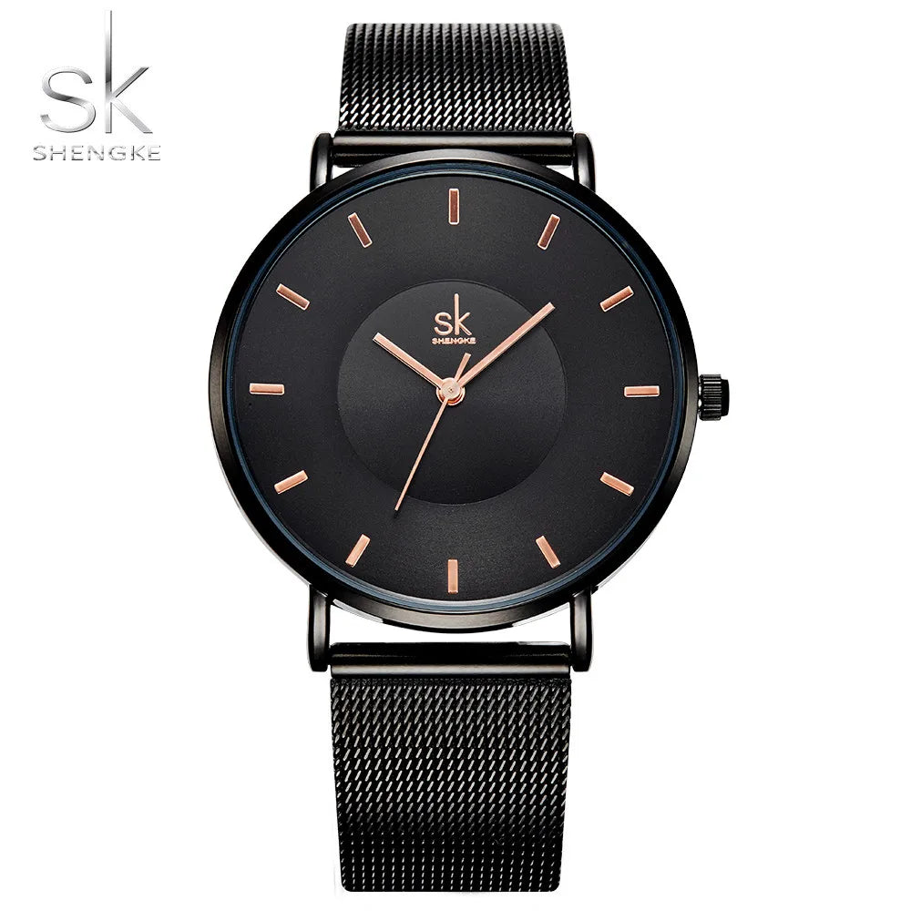 Shengke Fashion Black Watch for Women Classic Relogio Feminino Quartz Ladies Watch Woman Adjustable Mesh Strap Montre Femme