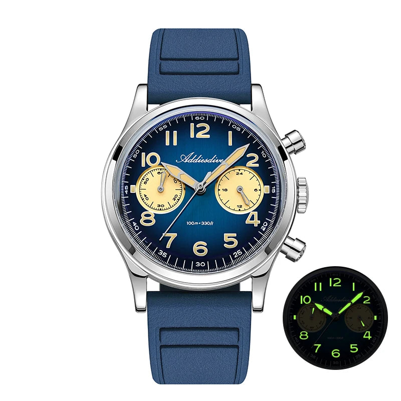 ADDIESDIVE New 2025 Chronograph 38mm Men's Watches VK64 Quartz Wristwatch Luminous Bubble Mirror 10Bar Waterproof Steel Watch