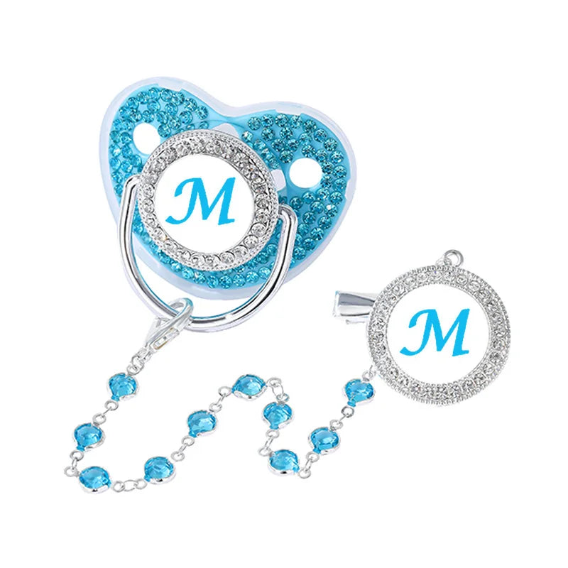 Blue Zircon Baby Pacifier Clip 26 Letters Newborn Personalized Luxury Pacifiers Holder Silicone Infant Teether Nipple Bpa Free