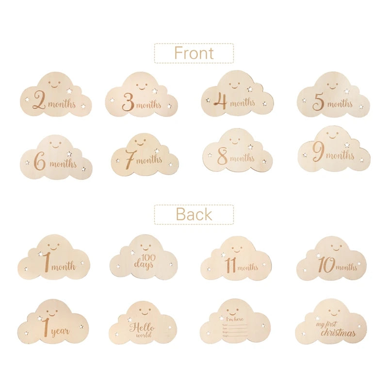 Spanish Alphabet Baby Wooden Milestone Number Month Memorial Cards Items Cute Cloud Shape Newborn Photography Accessories Props