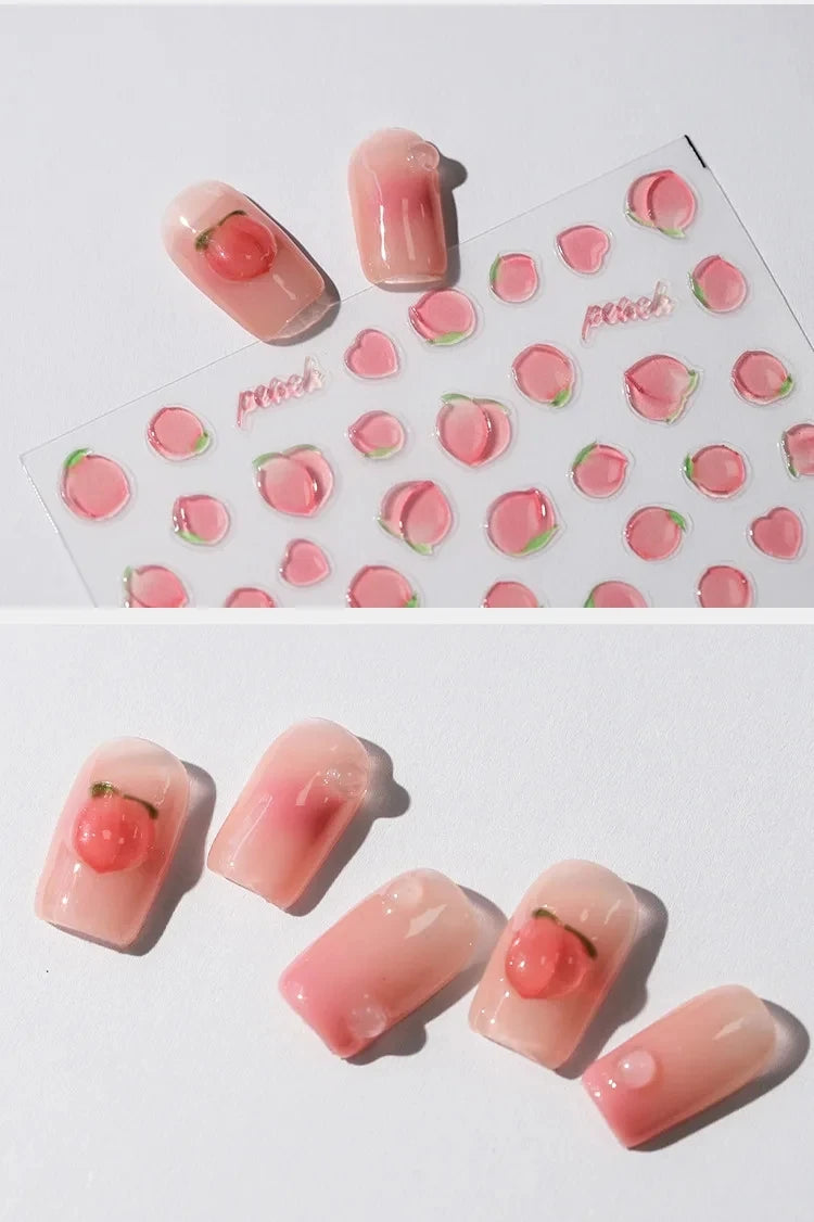 Pink Translucent Peach Jelly Texture 5D Soft Embossed Reliefs Self Adhesive Nail Art Stickers Cute Fruits 3D Manicure Decals
