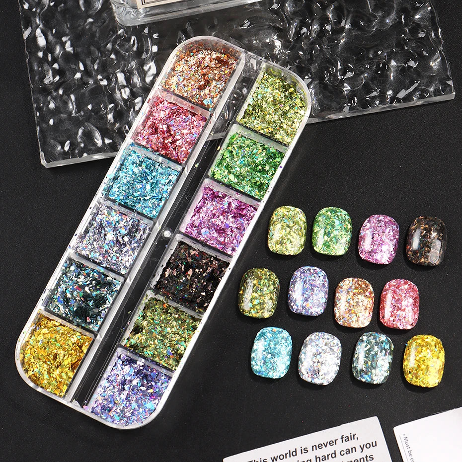 12 Grids Holographic Glitter Nail Art Sequins Sparkly Irregular Nail Flakes Powder Nail Art Mermaid Makeup Manicure Decorations