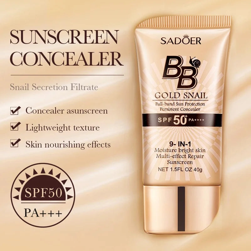SADOER Gold Snail Sunscreen BB Cream Foundation Concealer Moisturizing Isolation Cream SPF50+PA+++ 40g