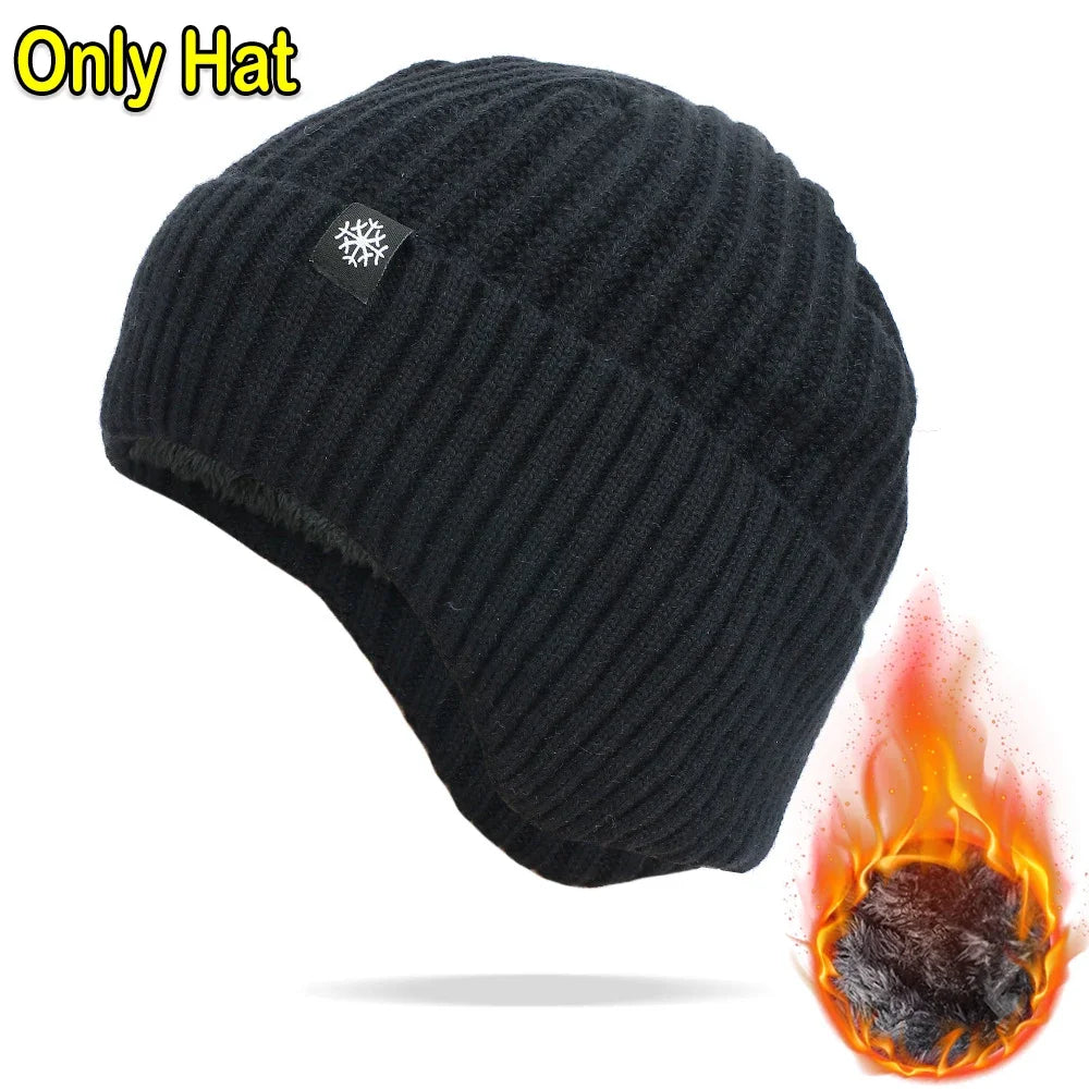 Outdoor Men Winter Knitted Hat Plush Warmth Peaked Cap Earmuff Casual Fashion Faux Fur Lined Bomber Hats Cycling Ear Protection
