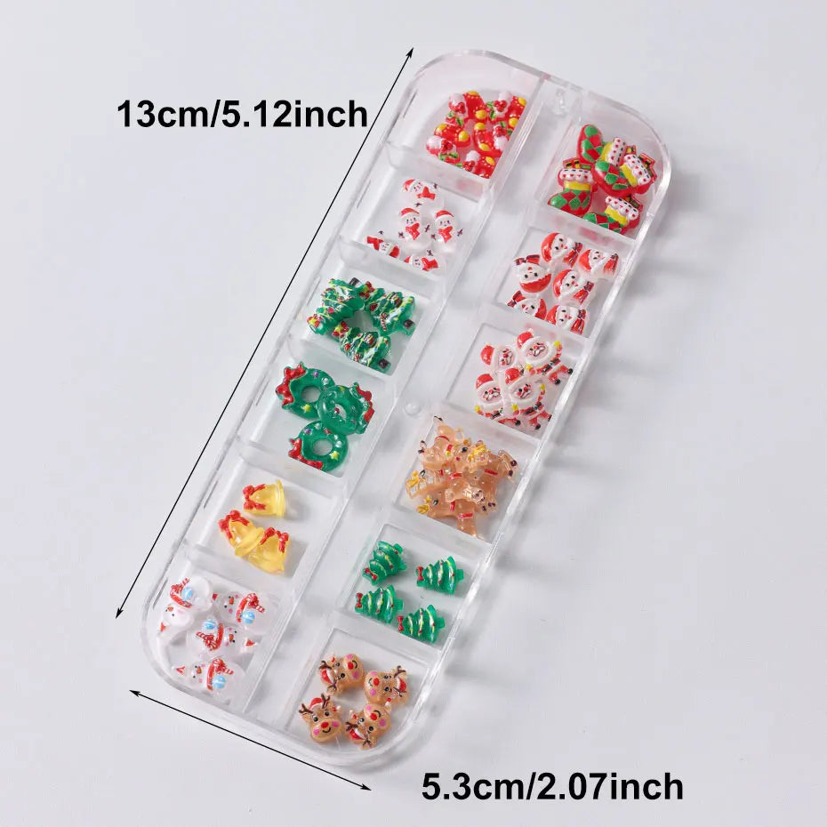 12grids Cartoon Mixed Resin Santa Claus Nails Decor Kawaii Christmas Snowman Elk Nail Charms Parts 3D Festival DIY Nail Supplies
