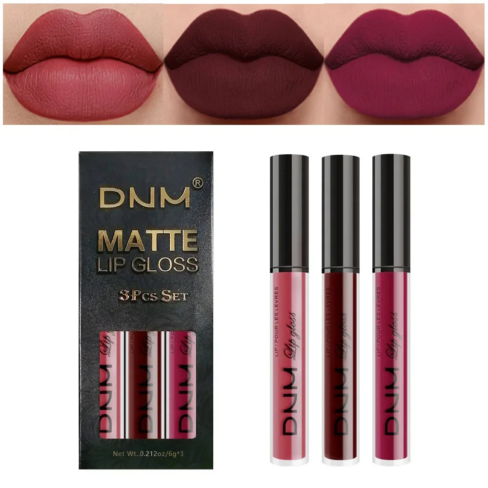 DNM 3PCS Liquid Lipstick Sets Waterproof Matte Black Blue Purple Blue Sexy Lip Gloss Long Lasting Nude Lip Tint Stain Makeup Kit