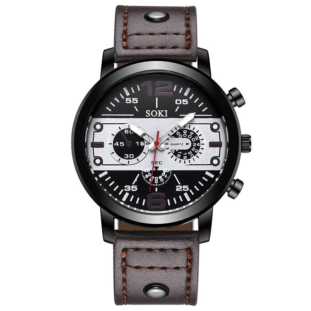 Sleek Men’s Watch Chic Brown Leather Band Quartz Watch Modern Black White Orange Three Eye Contrast Color Chronograph Wristwatch
