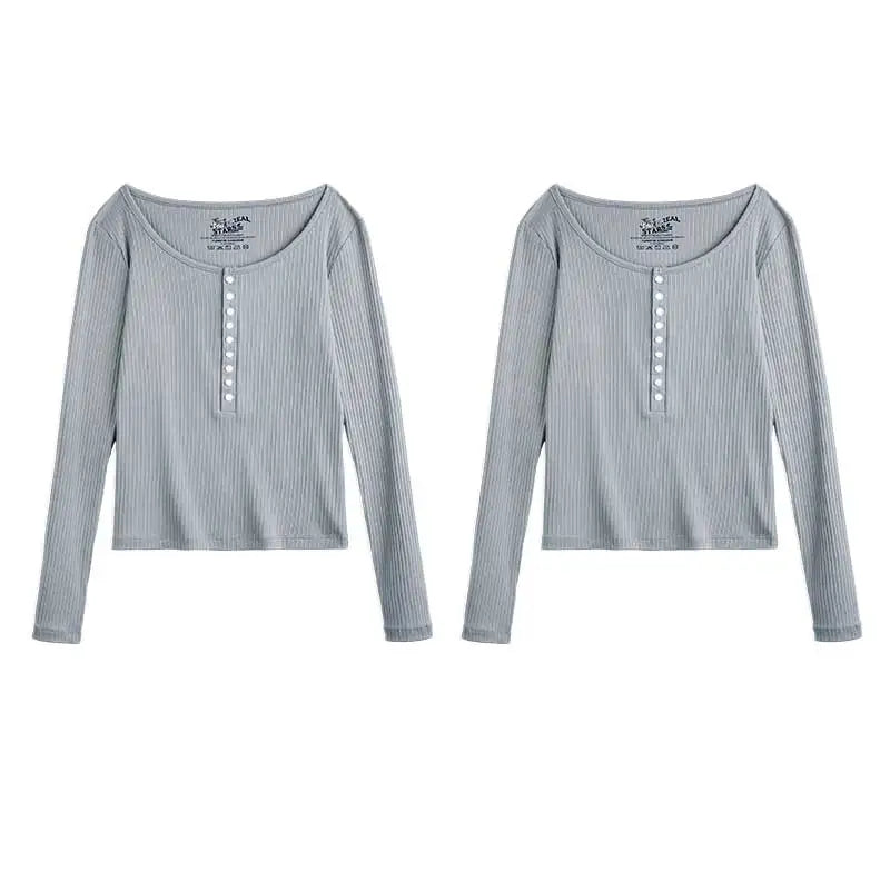Maden Women’s Slim Fit Henley Shirt Ribbed Knit Long Sleeve T-shirt O-Neck Layering Top Solid Color Autumn Winter Inner Wear
