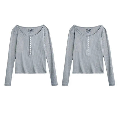 Maden Women’s Slim Fit Henley Shirt Ribbed Knit Long Sleeve T-shirt O-Neck Layering Top Solid Color Autumn Winter Inner Wear