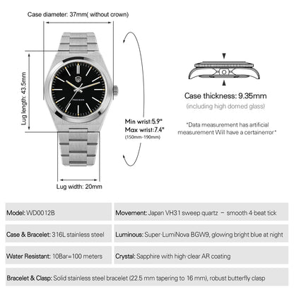 Watchdives Quartz Watches VH31 Sweep Movement New Sapphire Luxury Watch 37mm BGW9 Luminous 100m Waterproof Mens Watch