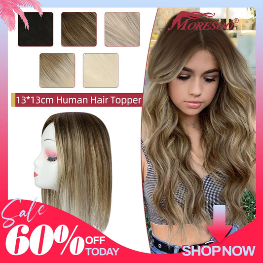 Moresoo Straight Human Hair Toppers Machine Remy Hair Piece Clip in For Women Topper for Beauty Hand Made Mono Base Hair Natural