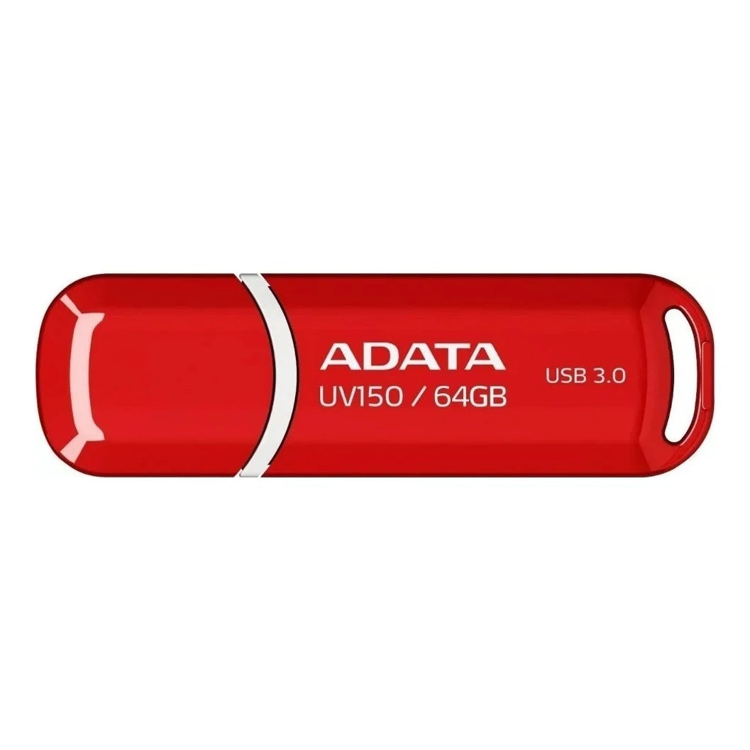 Adata UV150 64GB USB Flash Drive 3.2 Gen 1 Red Key Style Lanyard Plastic Material Engraved Logo Removable Lid Needle Mark