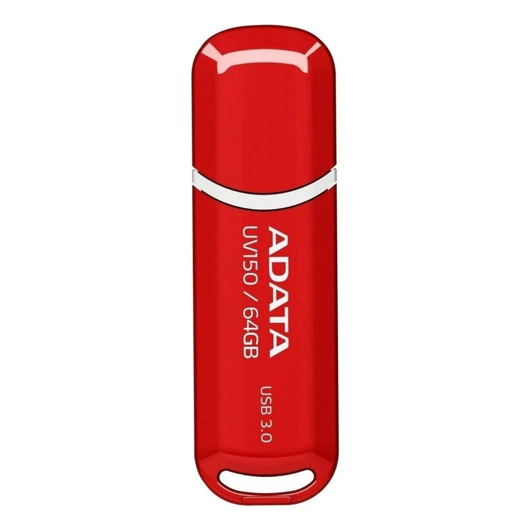 Adata UV150 64GB USB Flash Drive 3.2 Gen 1 Red Key Style Lanyard Plastic Material Engraved Logo Removable Lid Needle Mark