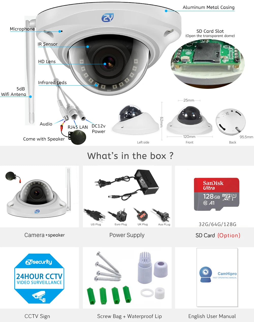 5MP Wifi Dome IP Camera Vandalproof Humanoid Detection CCTV Camera Onvif SD Card H.265 Audio Video Surveillance Cameras Camhipro