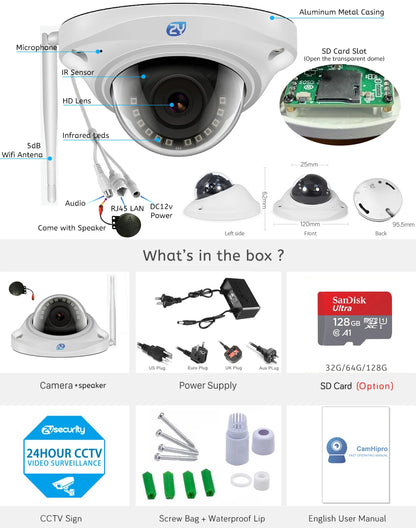 5MP Wifi Dome IP Camera Vandalproof Humanoid Detection CCTV Camera Onvif SD Card H.265 Audio Video Surveillance Cameras Camhipro