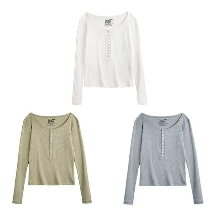 Maden Women’s Slim Fit Henley Shirt Ribbed Knit Long Sleeve T-shirt O-Neck Layering Top Solid Color Autumn Winter Inner Wear
