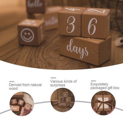 1Set Baby Month Milestone Card Beech Block Square Engraved Newborn Birth Month Birthday Milestones Block Photography Props