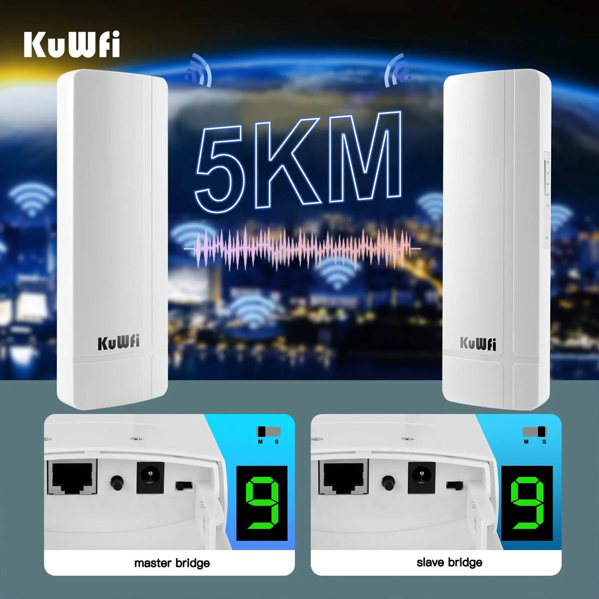 USA Stock KuWFi 5.8Ghz 900Mbps 5KM Distance Ptp Cpe Bridge Waterproof Point to Point Outdoor Wireless Bridge for Ip Camera