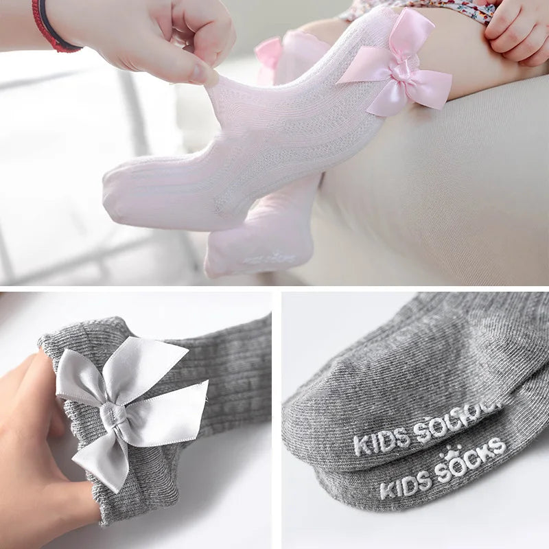 New Girls Stockings Toddler Knee High Bubble Mouth Stockings Baby Bowknot Cotton Nonslip Toddler Stocks Lace Stocking For Girl