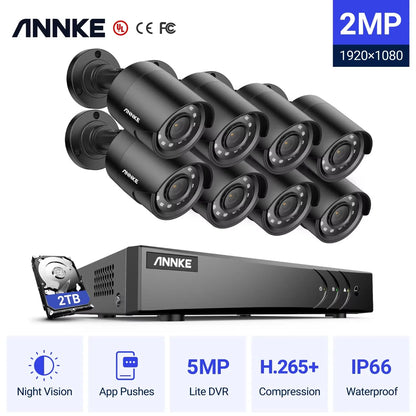 ANNKE 8pcs 2MP 1080P Security Camera Kit 8 Channel DVR  IP66 Waterproof Home CCTV Camera System with 2TB Hard Drive