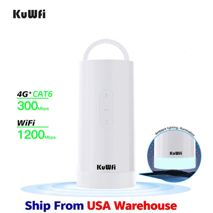 USA Stock KuWFi 10000mAh Battery 4G IMEI Lte Router Cat6 1200Mbps LED Light Solar Camping 4g Lte Wifi Router with Sim Card Slot