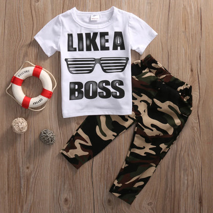 Newborn Baby Boys Clothes Toddler Kids Short Sleeve Letter T-shirt Camo Pants 2Pcs Outfits Set Baby's Clothing