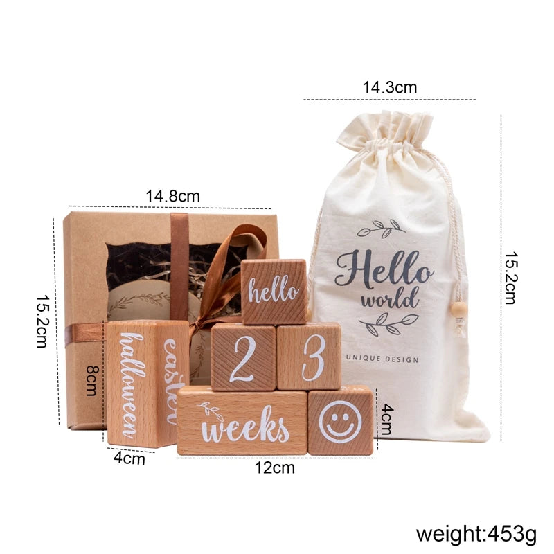 1Set Baby Month Milestone Card Beech Block Square Engraved Newborn Birth Month Birthday Milestones Block Photography Props