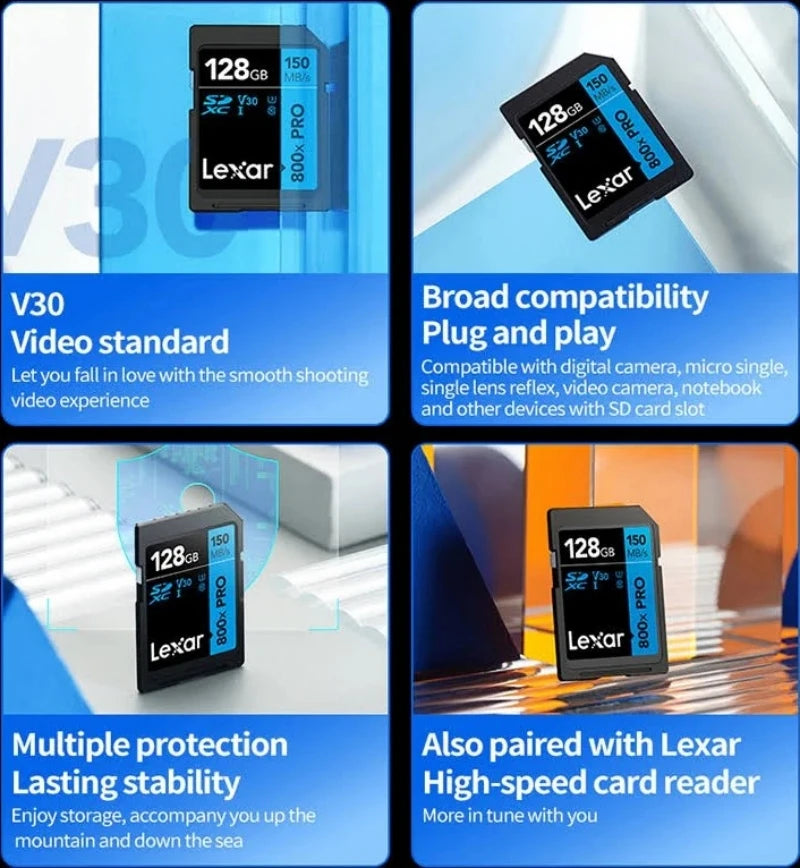 Good Quality Lexar SD800X 32GB SD Card 64GB 128GB 256GB 512GB U3 V30 C10 Memory Card for 4K Video Camera