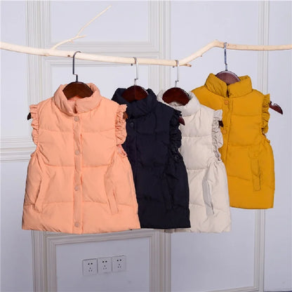 Winter Baby and Girls Ruffled Sleeves Single-Breasted Puffer Vest Jackets School Kids Down Waistcoat Child Outfit Tops 2-10 Yr