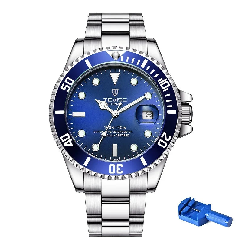 Top Brand Men Mechanical Watch TEVISE T801A Automatic Date Fashion Wristwatches Rotable Outer Case Green Male Clock Fixing Tool