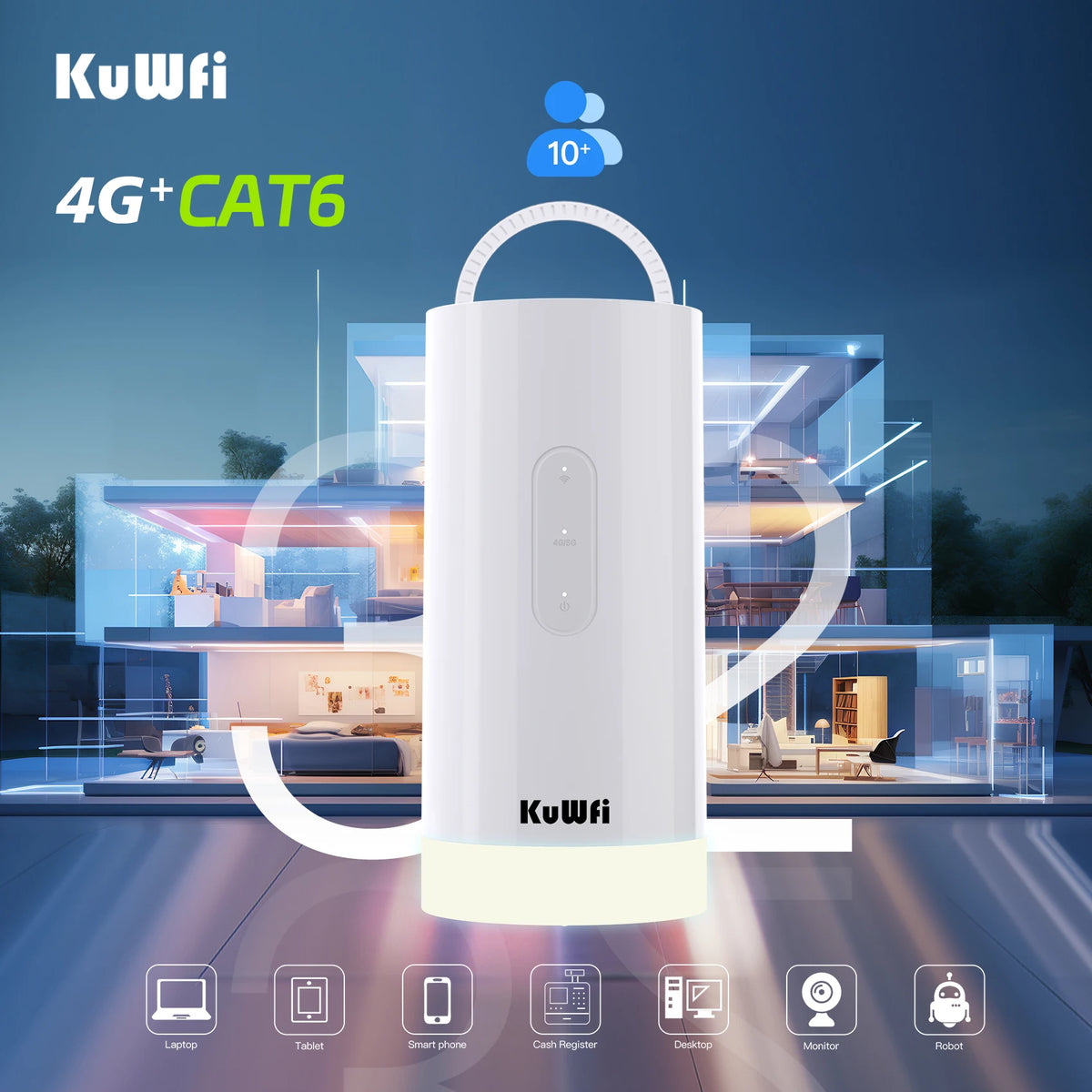 USA Stock KuWFi 10000mAh Battery 4G IMEI Lte Router Cat6 1200Mbps LED Light Solar Camping 4g Lte Wifi Router with Sim Card Slot