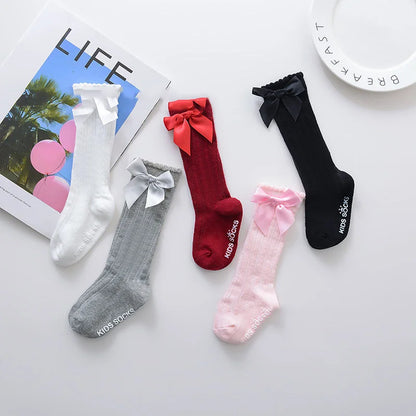 New Girls Stockings Toddler Knee High Bubble Mouth Stockings Baby Bowknot Cotton Nonslip Toddler Stocks Lace Stocking For Girl