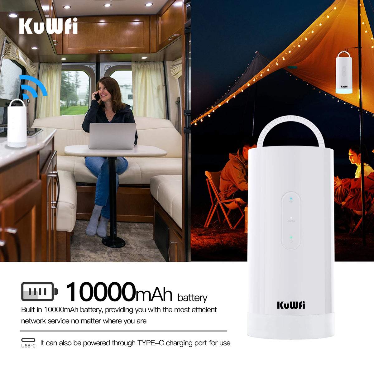 USA Stock KuWFi 10000mAh Battery 4G IMEI Lte Router Cat6 1200Mbps LED Light Solar Camping 4g Lte Wifi Router with Sim Card Slot