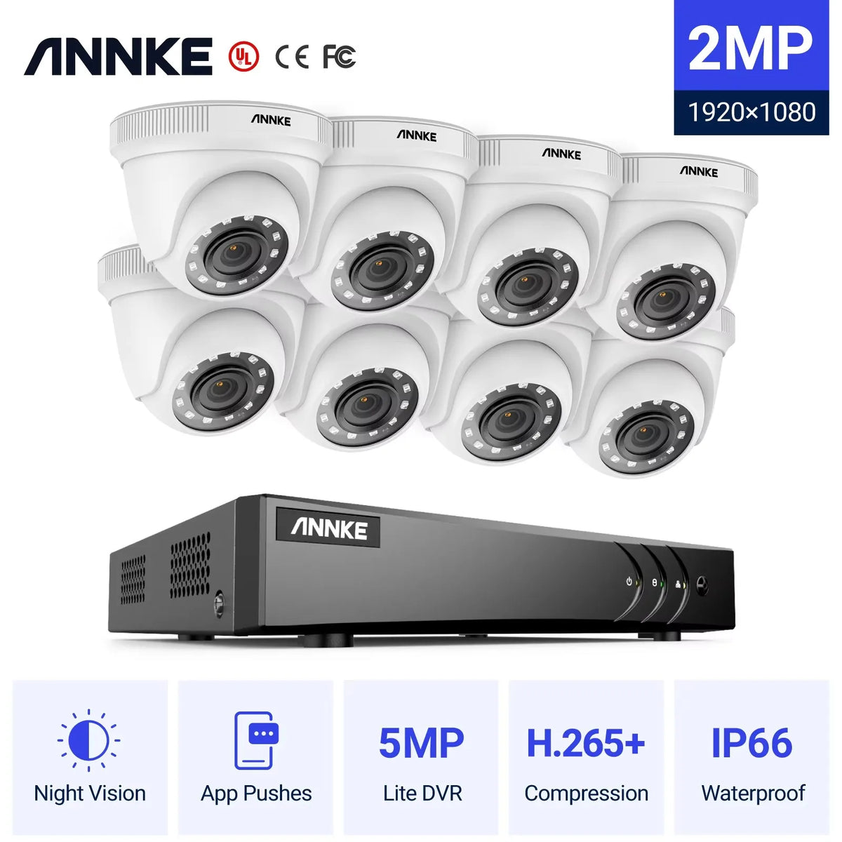 ANNKE 5MP 8CH  Digital Video Recorder DVR AI Analog CCTV Camera System with 2MP  TVI IR IP66 Turret Cameras