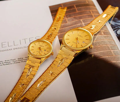 2021 new lovers' Watch Gold Plated watch no fading calendar watch quartz watch retro carved Korean gold men's Watch