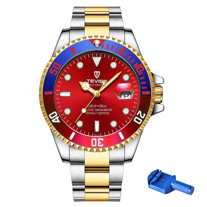 Top Brand Men Mechanical Watch TEVISE T801A Automatic Date Fashion Wristwatches Rotable Outer Case Green Male Clock Fixing Tool