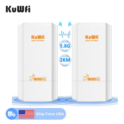 USA Stock KuWFi 5.8Ghz 900Mbps 2KM Distance Long Range Bridge Waterproof Point to Point Wireless Bridge for Outdoor Use