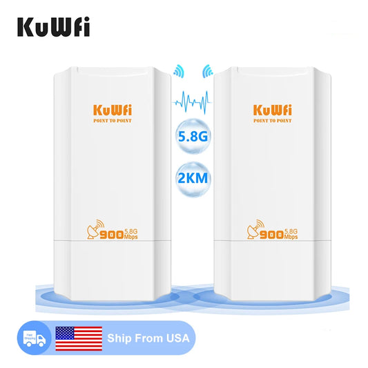 USA Stock KuWFi 5.8Ghz 900Mbps 2KM Distance Long Range Bridge Waterproof Point to Point Wireless Bridge for Outdoor Use
