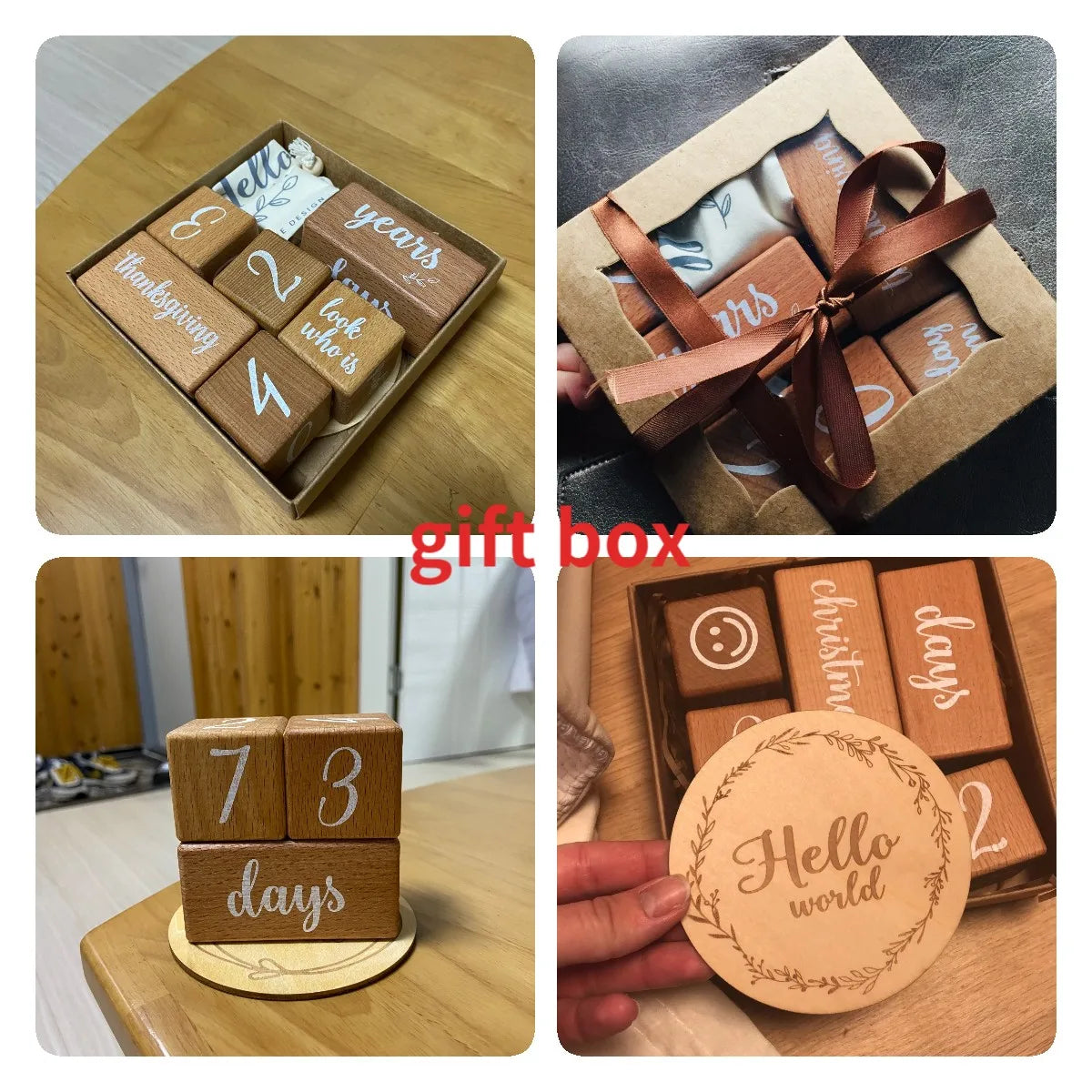 1Set Baby Month Milestone Card Beech Block Square Engraved Newborn Birth Month Birthday Milestones Block Photography Props