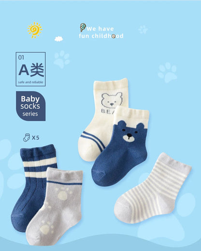 5 Pairs/Lot Toddler Socks Newborn Baby Soft Prewalker Spring Cotton Girl Kids Autumn Infant Cartoon Striped Print Sock 0-12Y