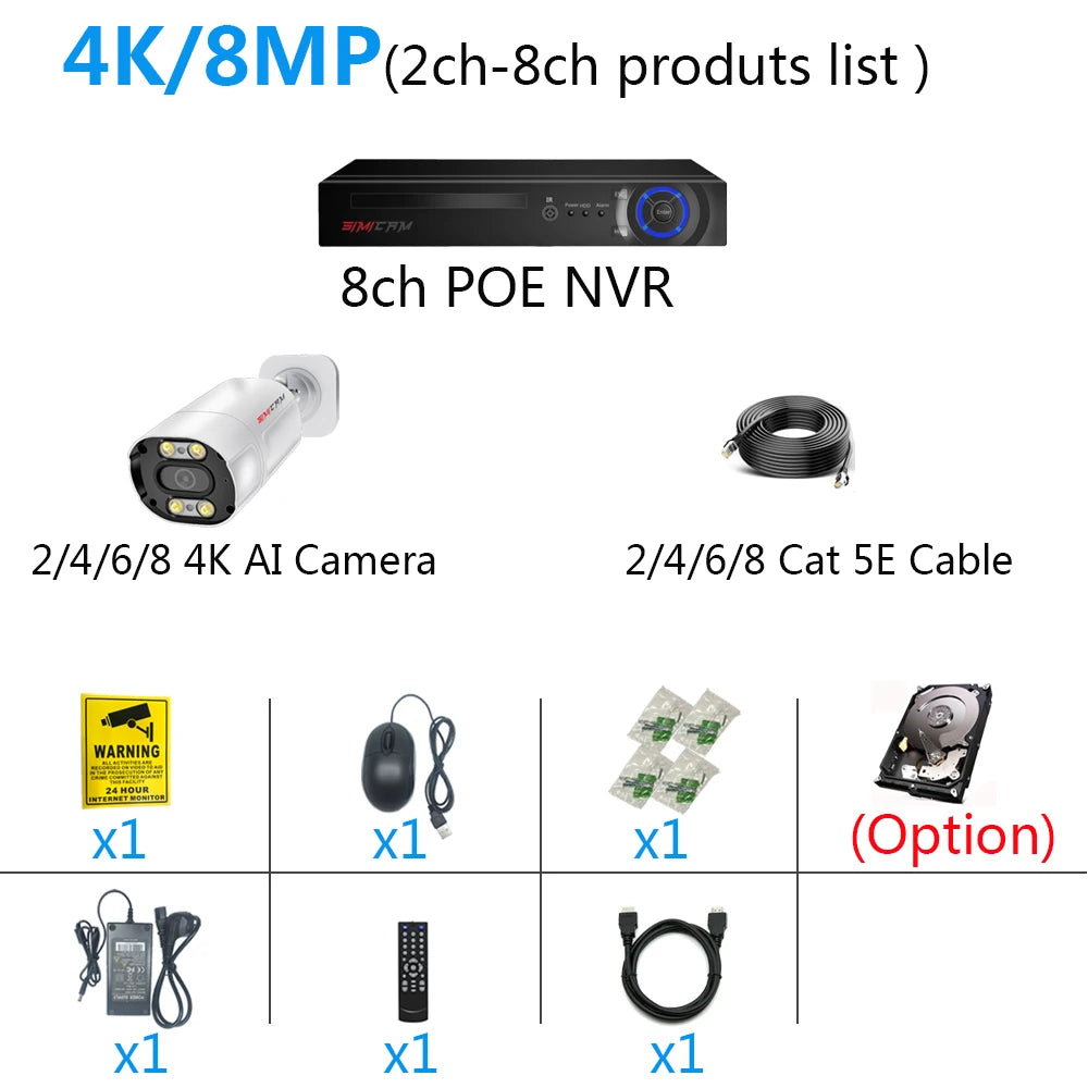 4K 8MP POE IP Security Camera System NVR Kit Face Detection Two Way Audio Metal Bullet With RJ45 Cable Street Video Surveillance