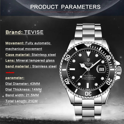 Top Brand Men Mechanical Watch TEVISE T801A Automatic Date Fashion Wristwatches Rotable Outer Case Green Male Clock Fixing Tool