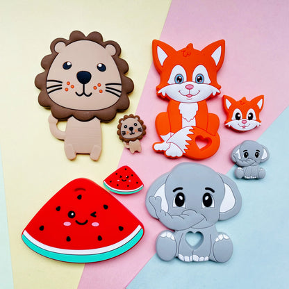 2pcs / Set Mini Silicone Elephant Lion Cat Teether Beads Baby Toy Teether Rattle BPA Free Silicone Teether