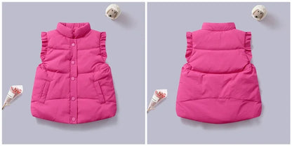 Winter Baby and Girls Ruffled Sleeves Single-Breasted Puffer Vest Jackets School Kids Down Waistcoat Child Outfit Tops 2-10 Yr