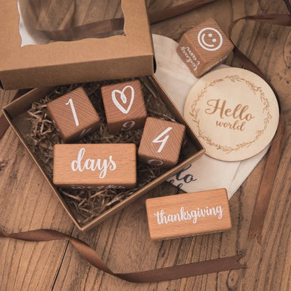1Set Baby Month Milestone Card Beech Block Square Engraved Newborn Birth Month Birthday Milestones Block Photography Props