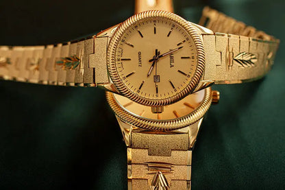 2021 new lovers' Watch Gold Plated watch no fading calendar watch quartz watch retro carved Korean gold men's Watch