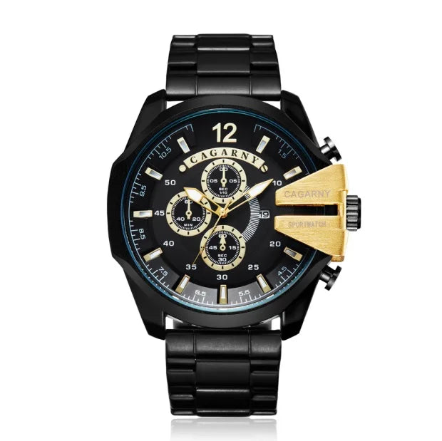Top Luxury Brand Cagarny Men Watch Black Gold Stainless Steel Men's Business Quartz Wrist Watches Man Clock Military relogio New