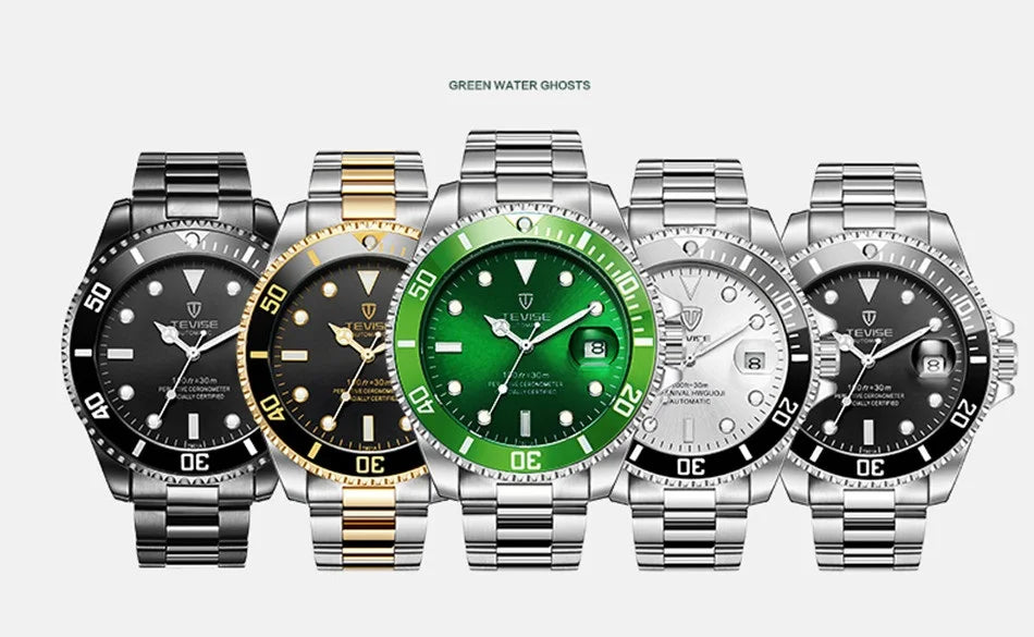 Top Brand Men Mechanical Watch TEVISE T801A Automatic Date Fashion Wristwatches Rotable Outer Case Green Male Clock Fixing Tool