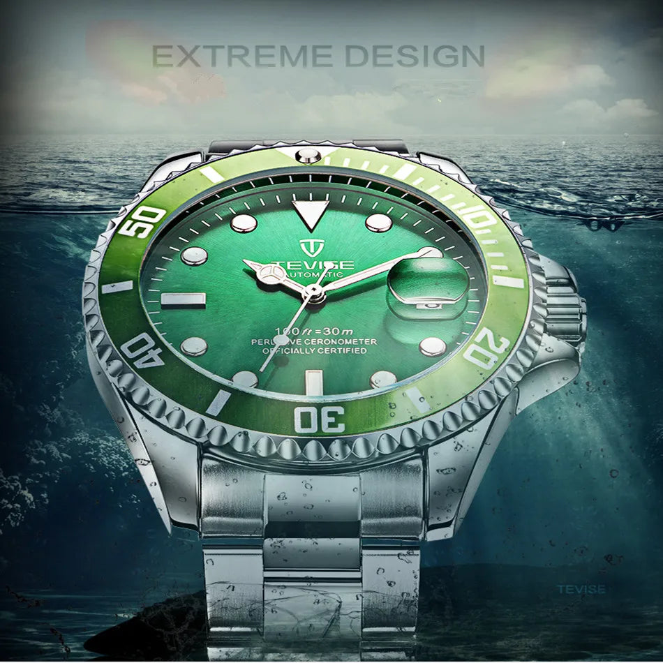 Top Brand Men Mechanical Watch TEVISE T801A Automatic Date Fashion Wristwatches Rotable Outer Case Green Male Clock Fixing Tool
